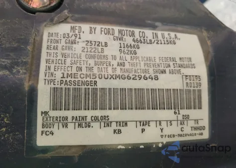 1991 Mercury Sable Gs from USA, damaged, VIN 1MECM50UXMG629648